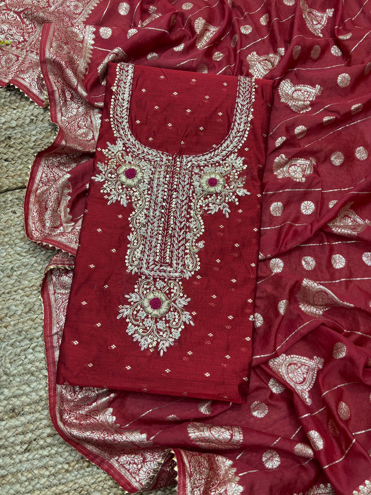 red Purple Modal Chanderi Unstitched Suit Set