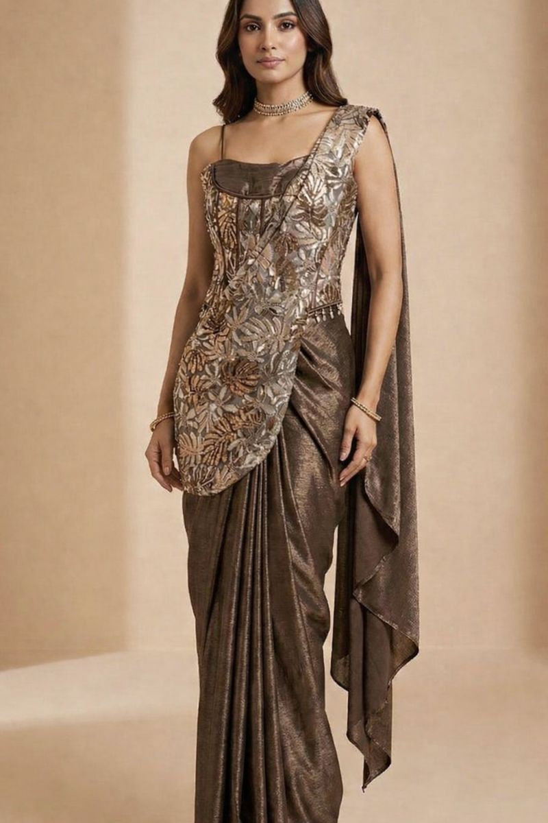 Brown Satin Designer Drape Saree