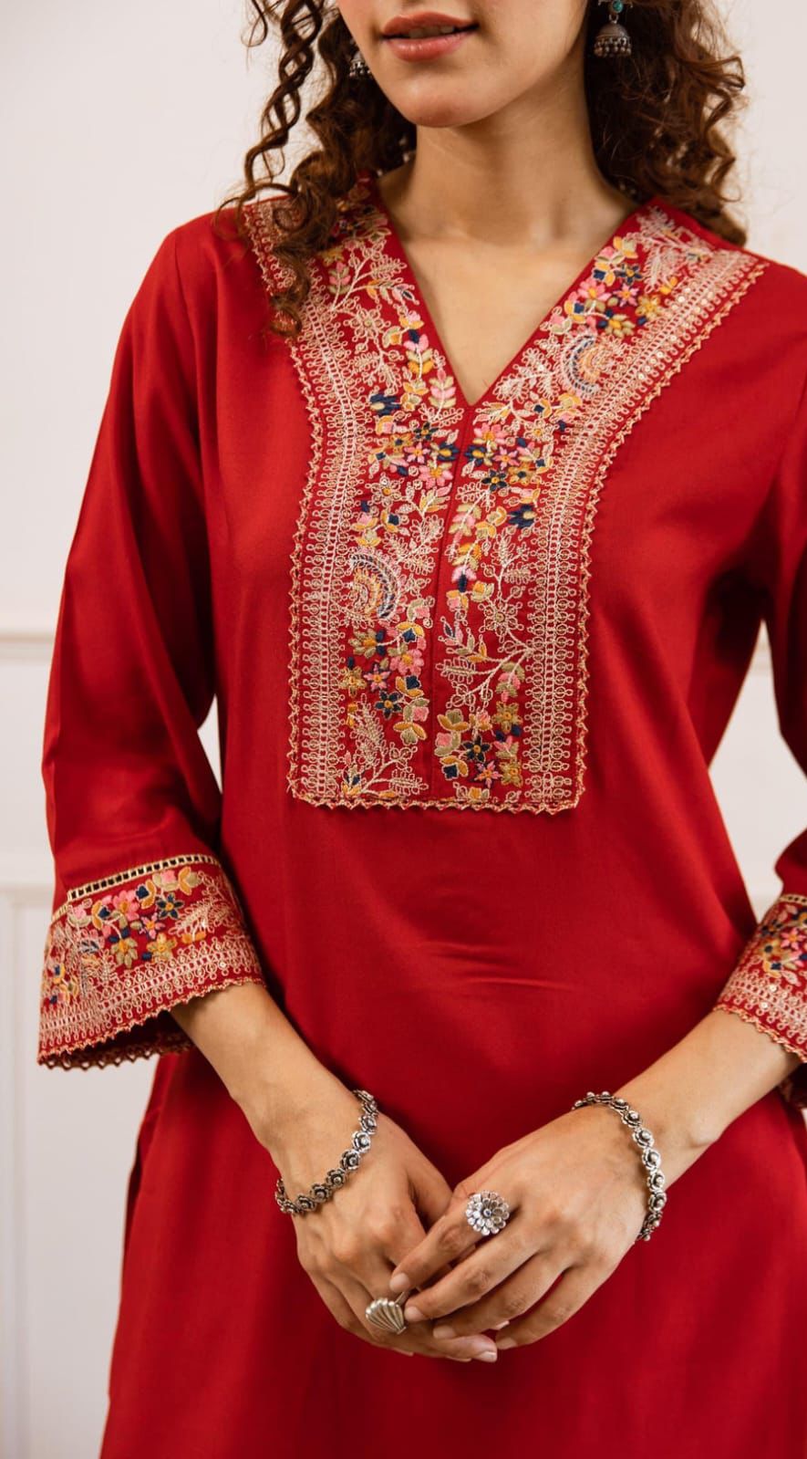 Red Embroidered Kurta Set Crafted From Soft german Reyon Fabric