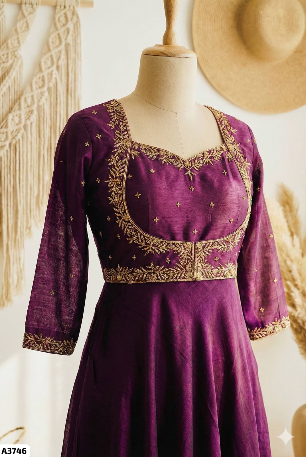 Wine and golden embroidered Gown