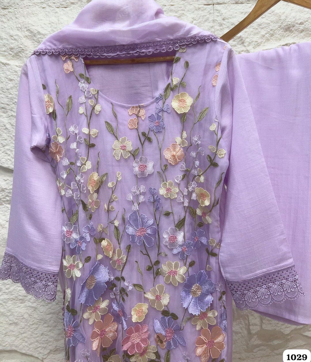 Light Purple Slub Cotton Stitched Embroidered -Set Of 3 