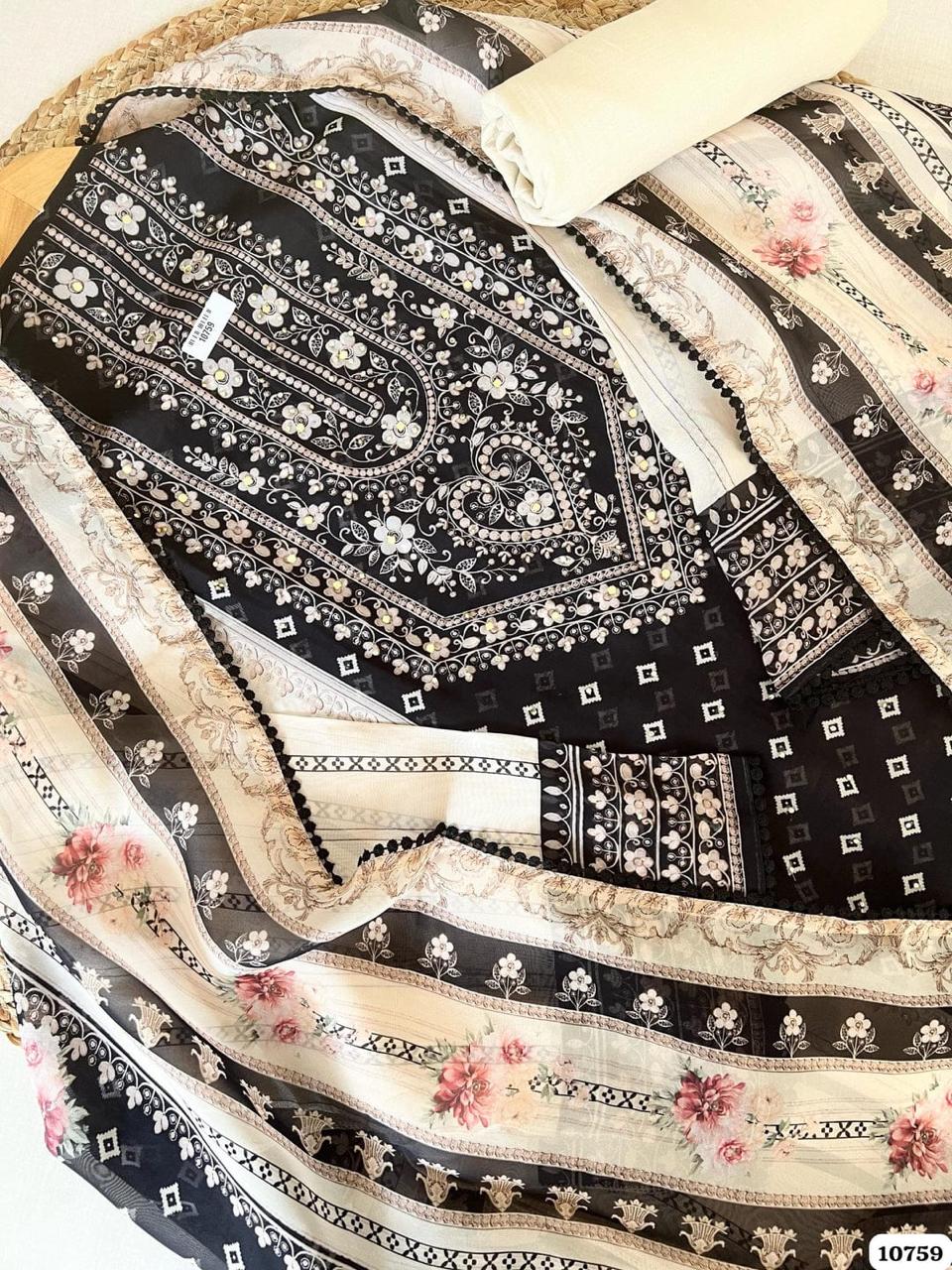 Black White Mirror Work Unstitched Suit Set