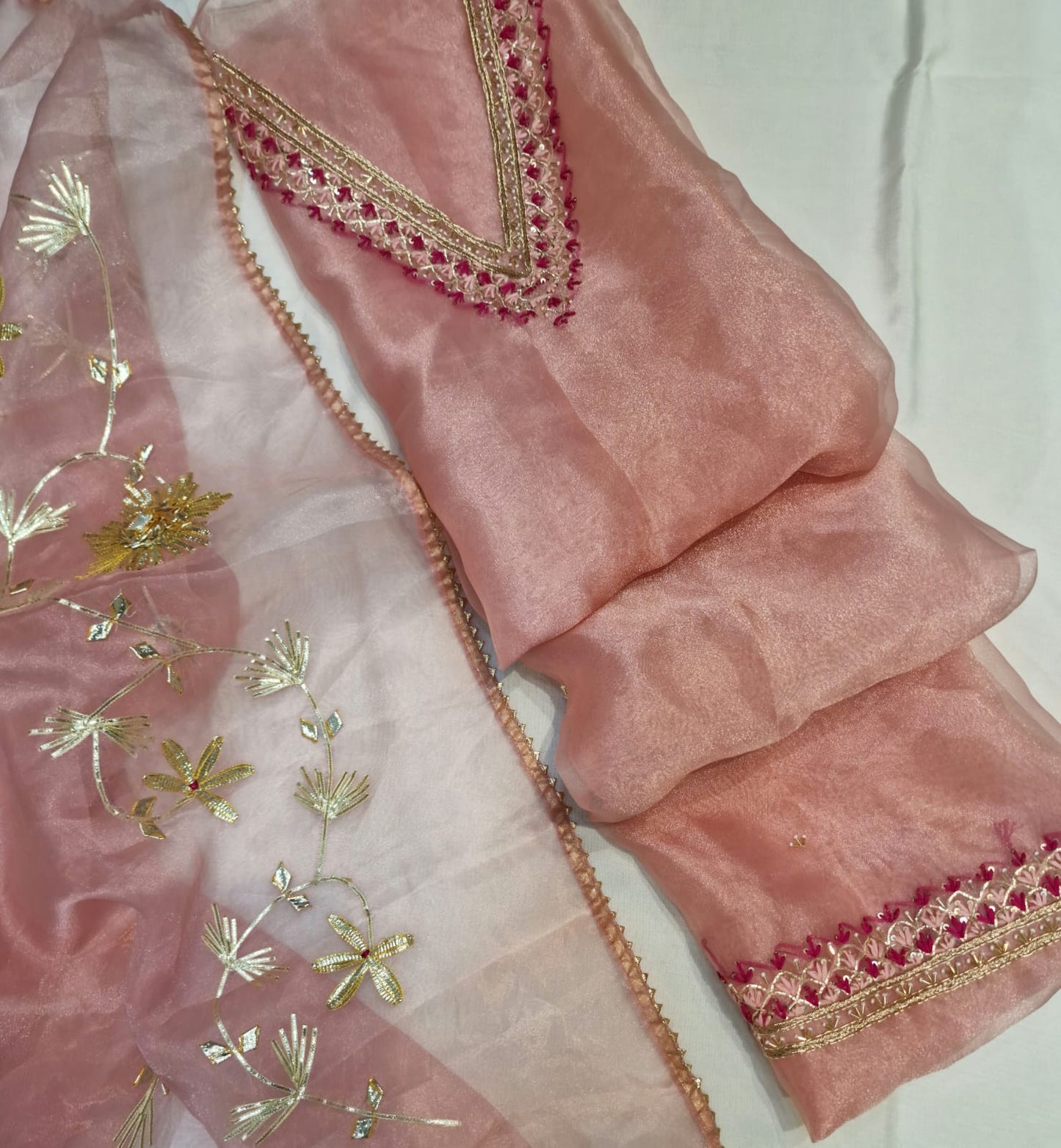 Red Pink Blue Organza Unstitched Suit Set