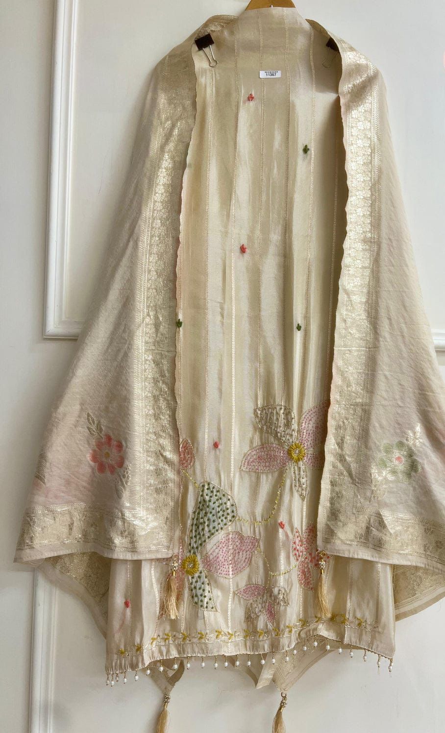 Ivory Tissue silk Unstitched woven hand embroidered