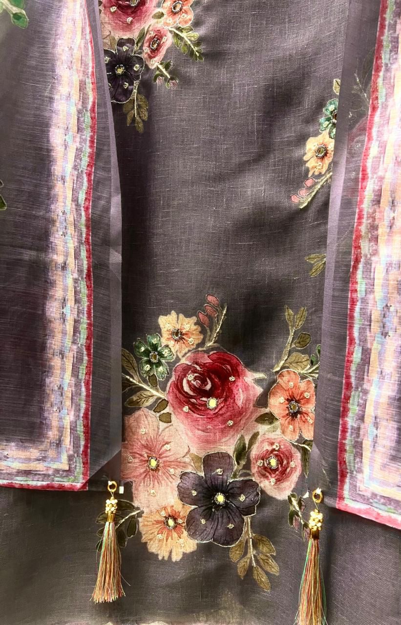 Plum Grey Linen Printed Unstitched 3-Piece Suit 