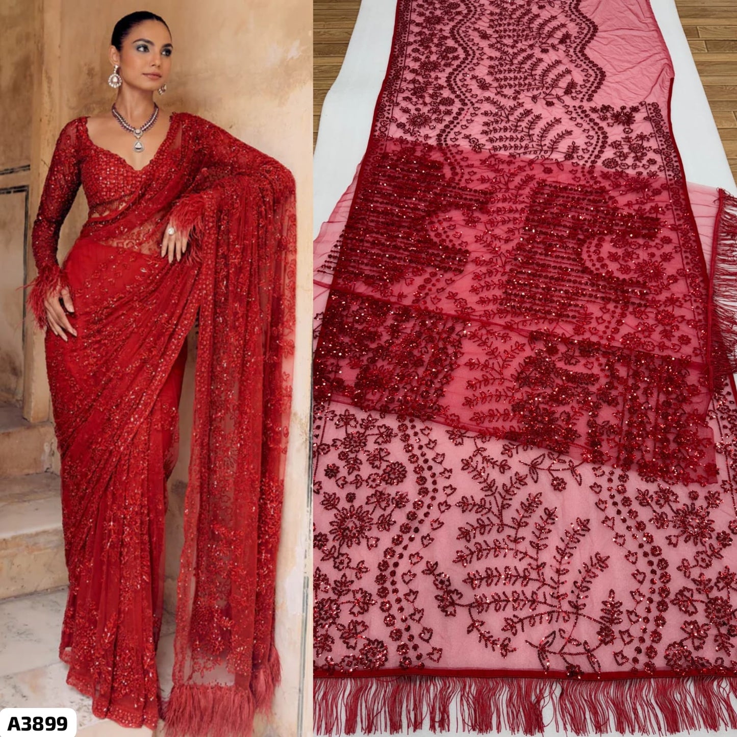 Red Net Saree