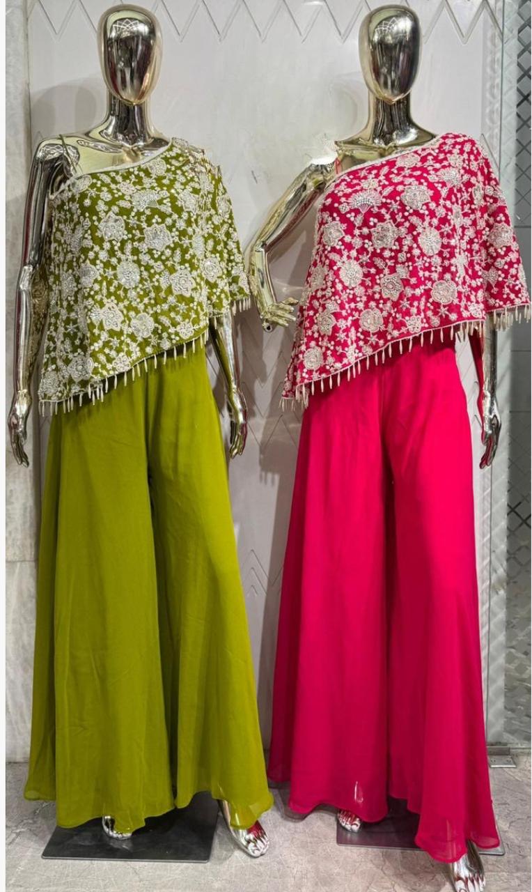 One-sided top with crepe pants