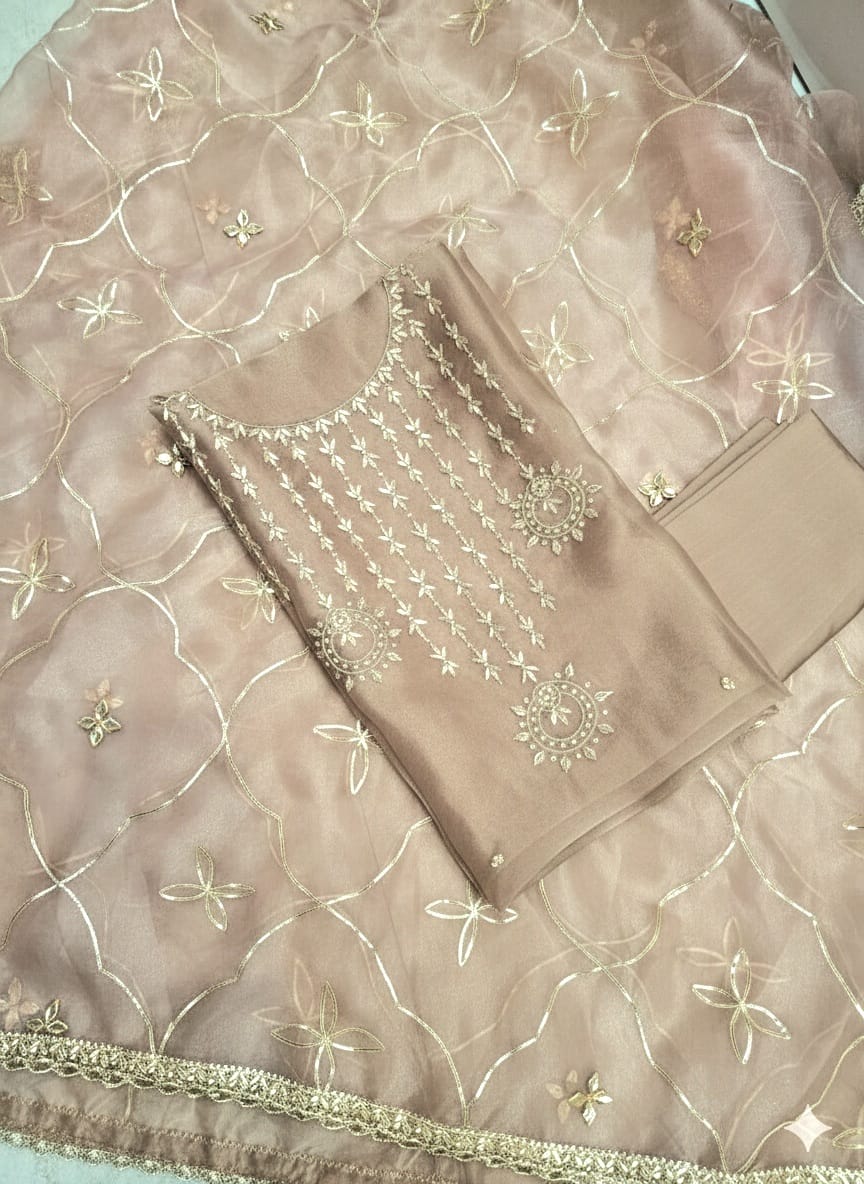 Beige Organza with heavy jaal gota dupatta
