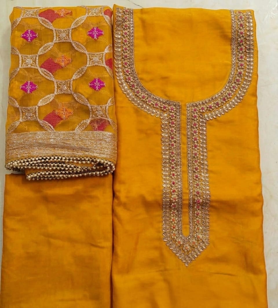 Chanderi heavy pearl gotta work kurti with banrasi silk heavy dupatta and bottom