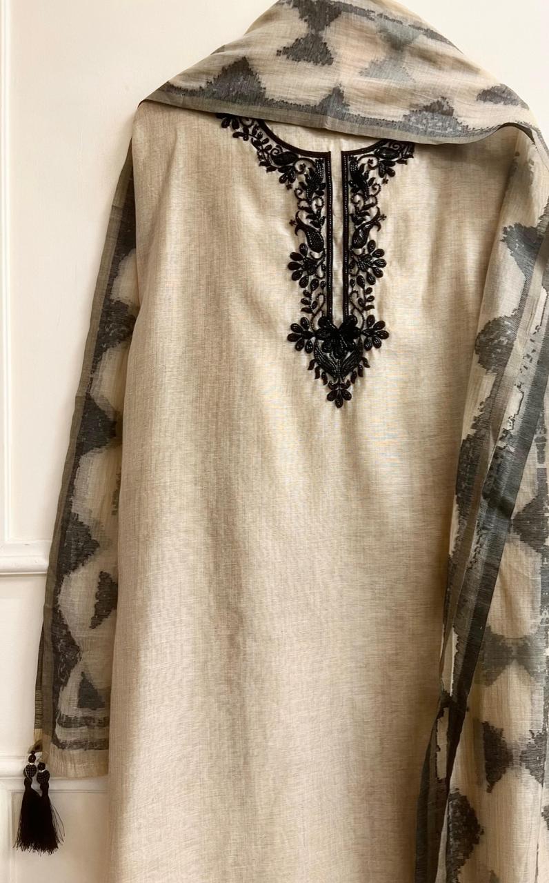 Beige Mul Chanderi Embroidered Unstitched 3-Piece Suit