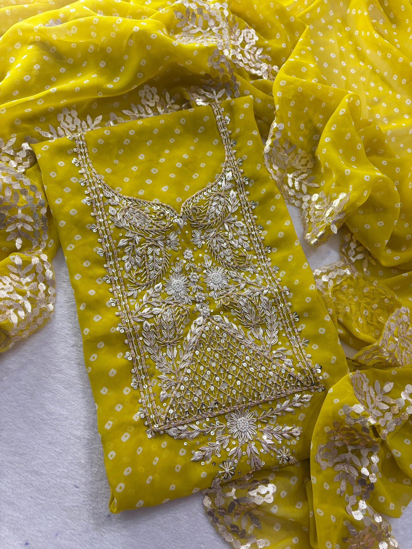 Yellow georgette handwork unstitched suit set