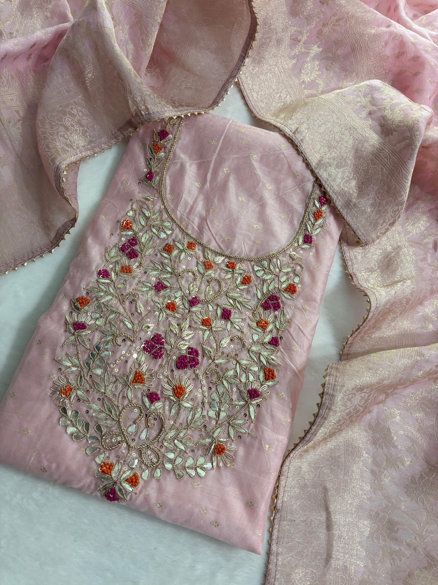 Pink Purple modal chanderi unstitched suit set