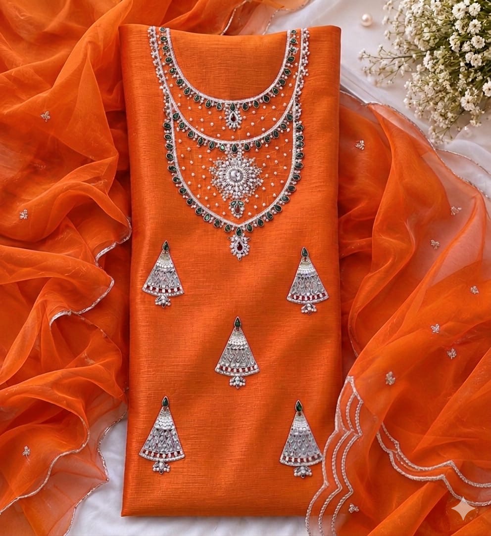 Organza heavy pearl and jewel work