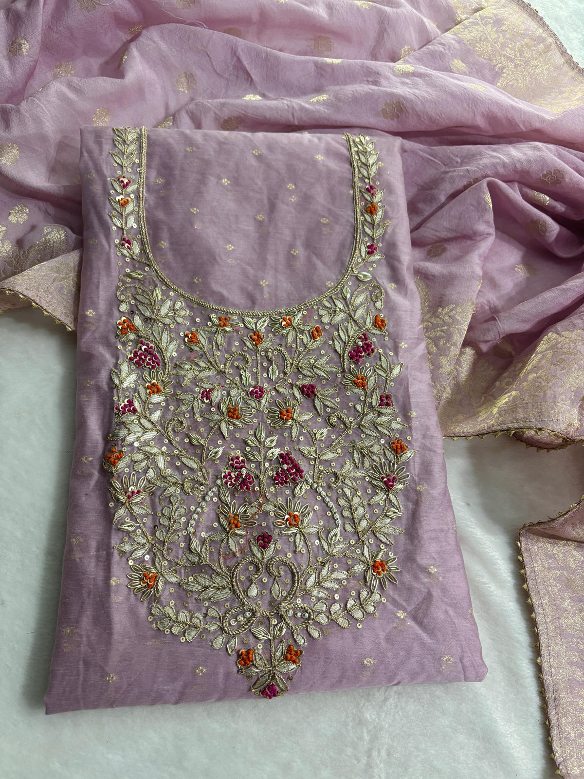 Pink Purple modal chanderi unstitched suit set
