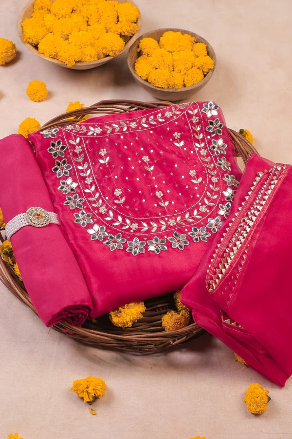 Organza Black Pink Mirror Work Unstitched