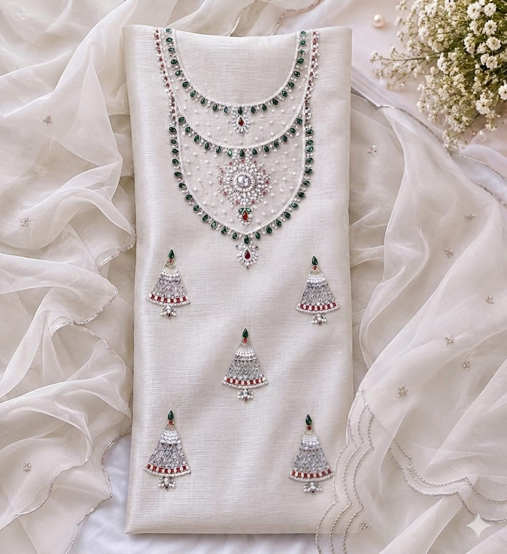 Organza heavy pearl and jewel work