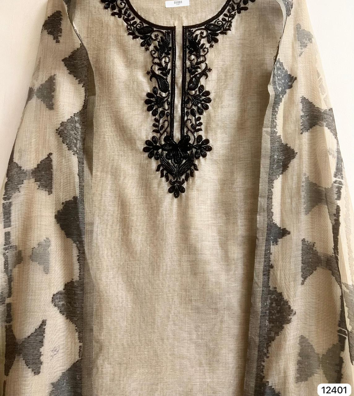 Beige Mul Chanderi Embroidered Unstitched 3-Piece Suit