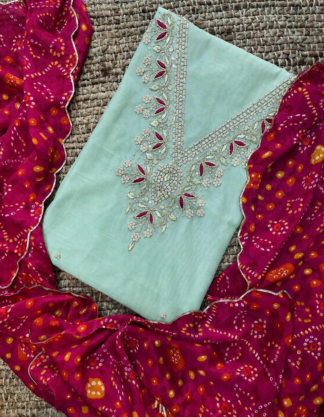 Chanderi gotta work kurti with bandej gotta lace dupatta
