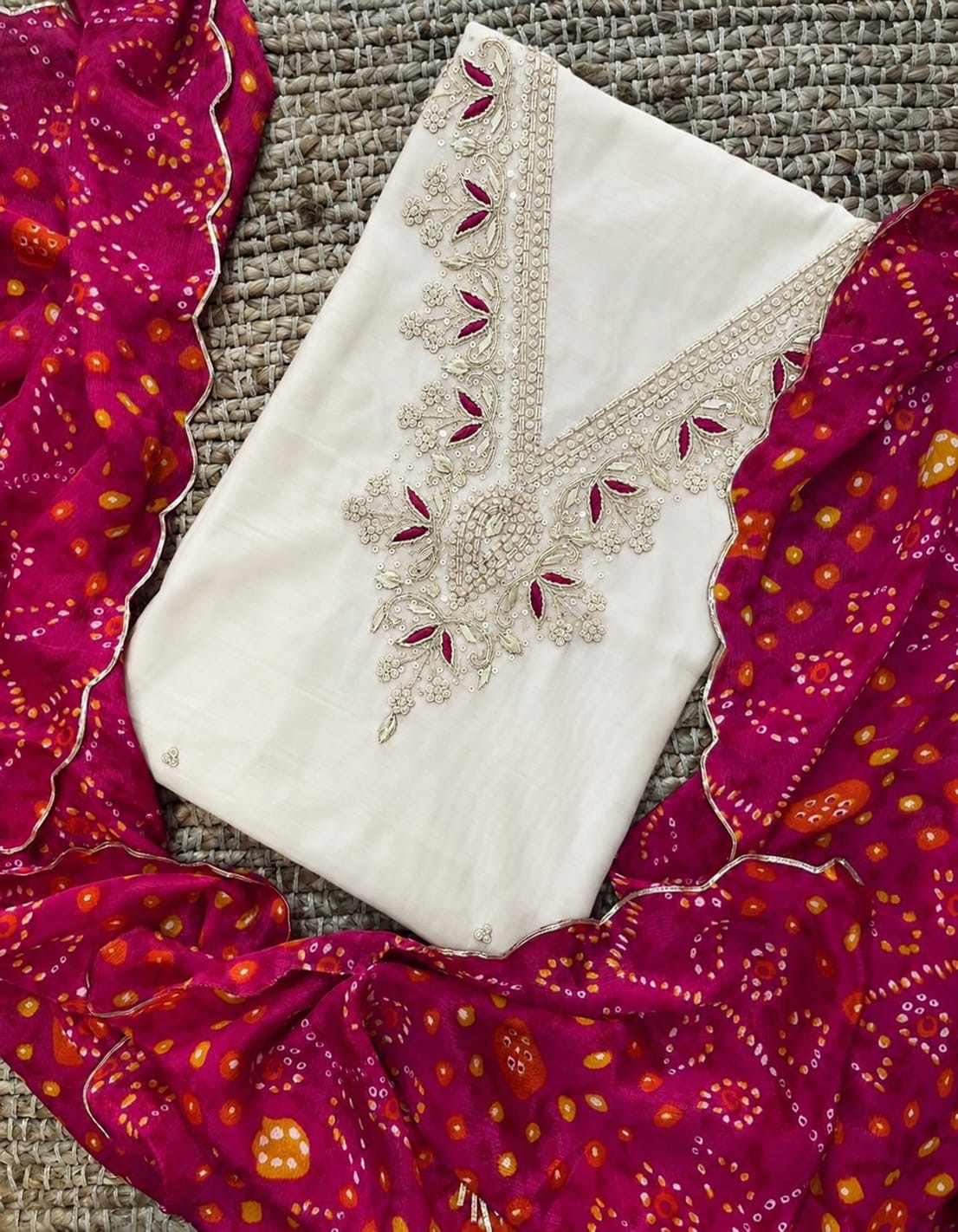 Chanderi gotta work kurti with bandej gotta lace dupatta