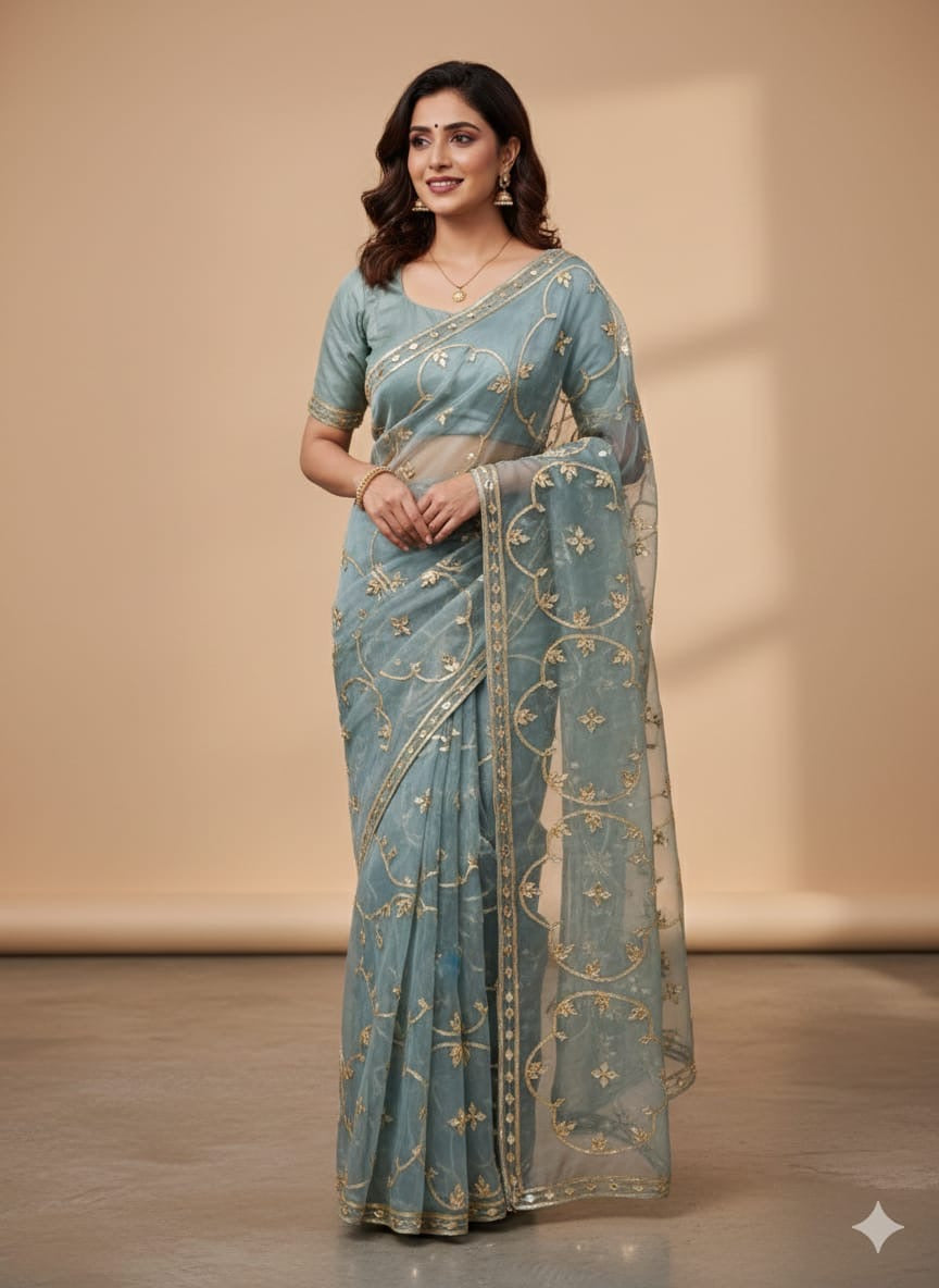 Organza saree with hand patti work