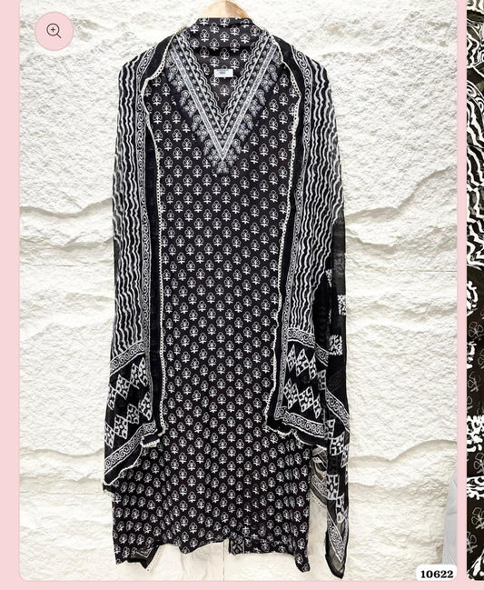 Black Cotton Unstitched Printed Embroidered -Set of 3