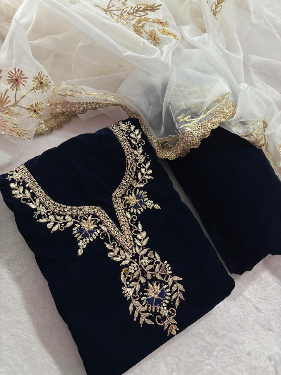Blue velvet handwork unstitched suit set