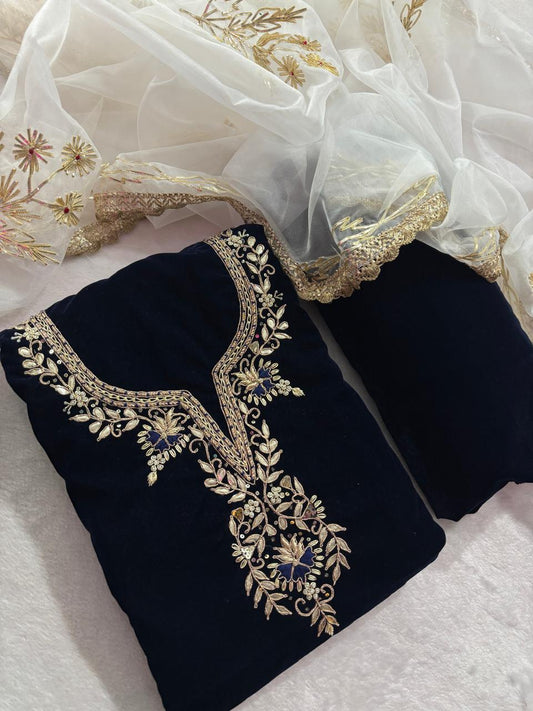 Blue velvet handwork unstitched suit set
