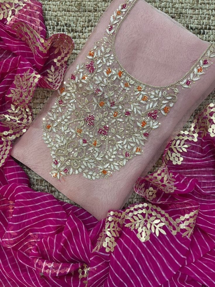 Pink Organza Unstitched Suit Set