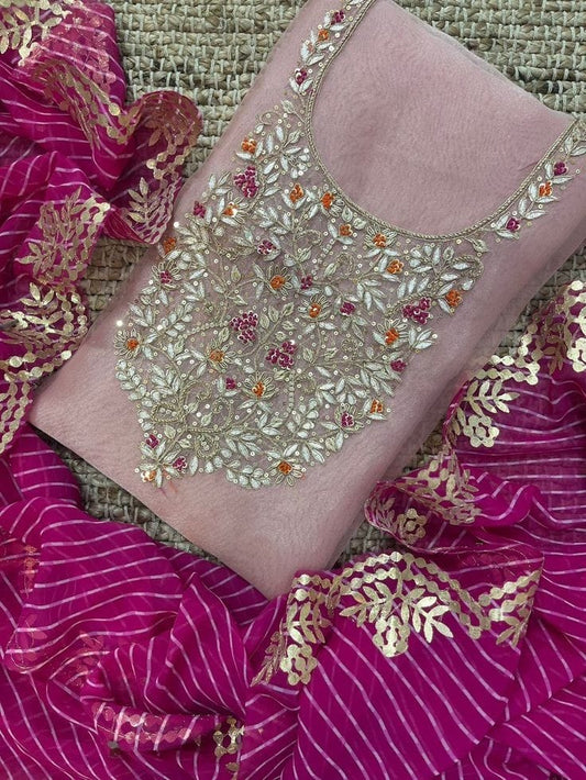 Pink Organza Unstitched Suit Set