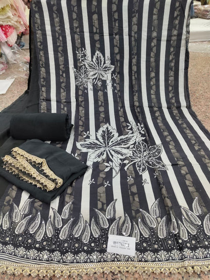 Black White Muslin unstitched suit set