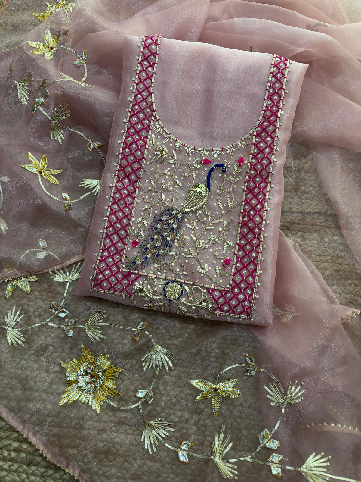 Pink Blue Yellow Zardogi Organza Unstitched Suit Set