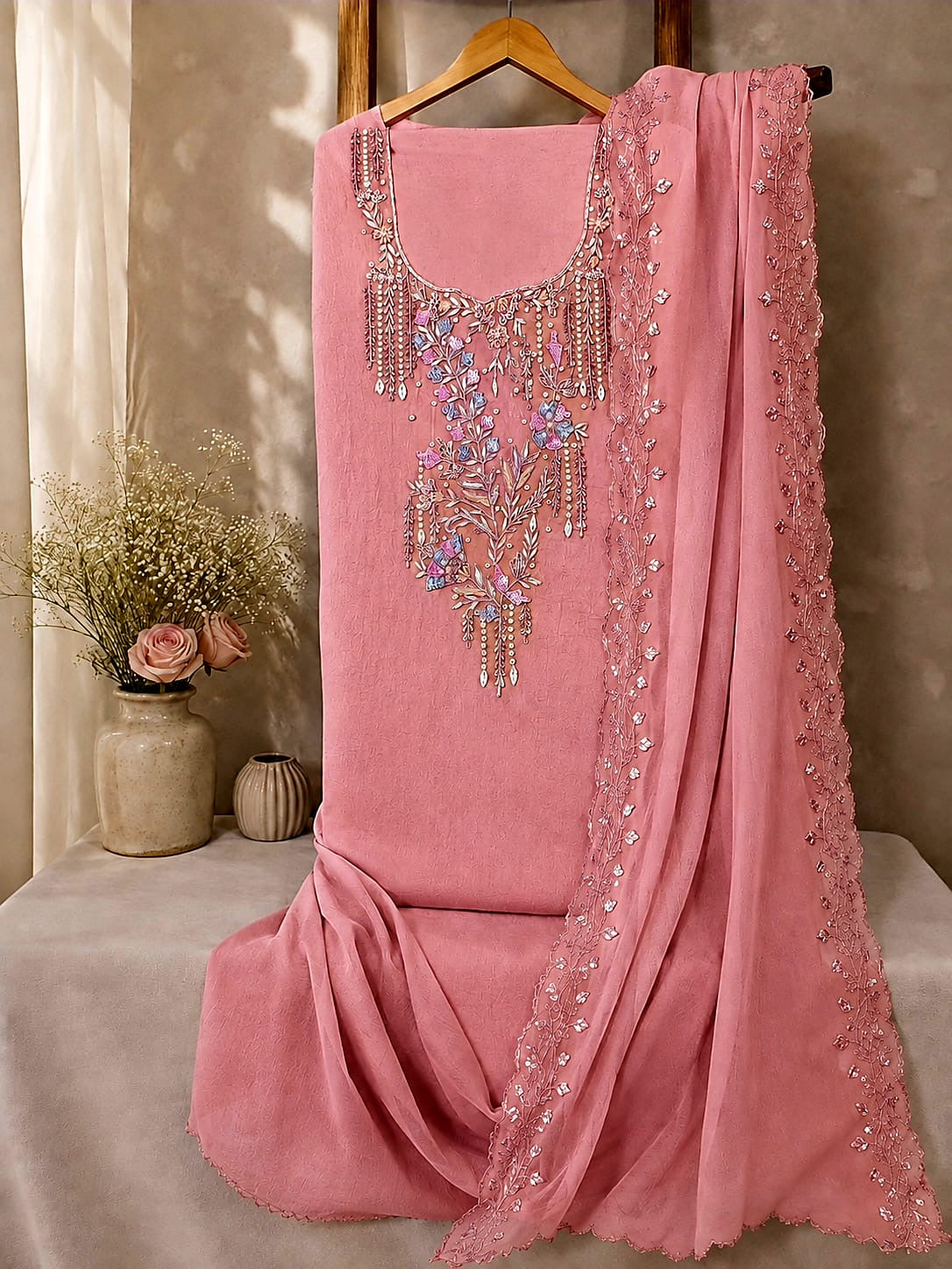 Crepe crush tissue new fabric jardoz work kurta with crepe crush gotta cut work dupatta