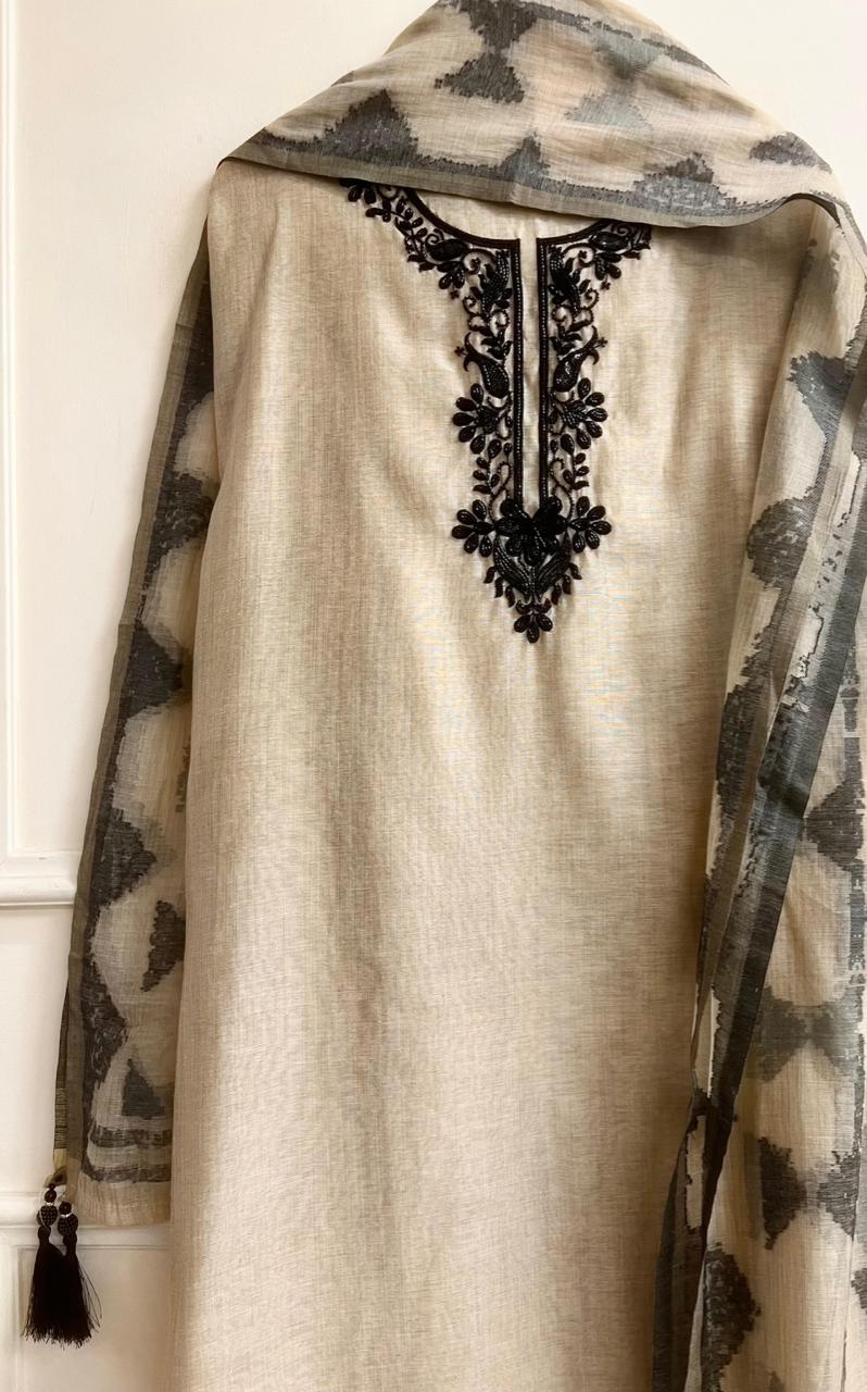 Beige Mul Chanderi Embroidered Unstitched 3-Piece Suit