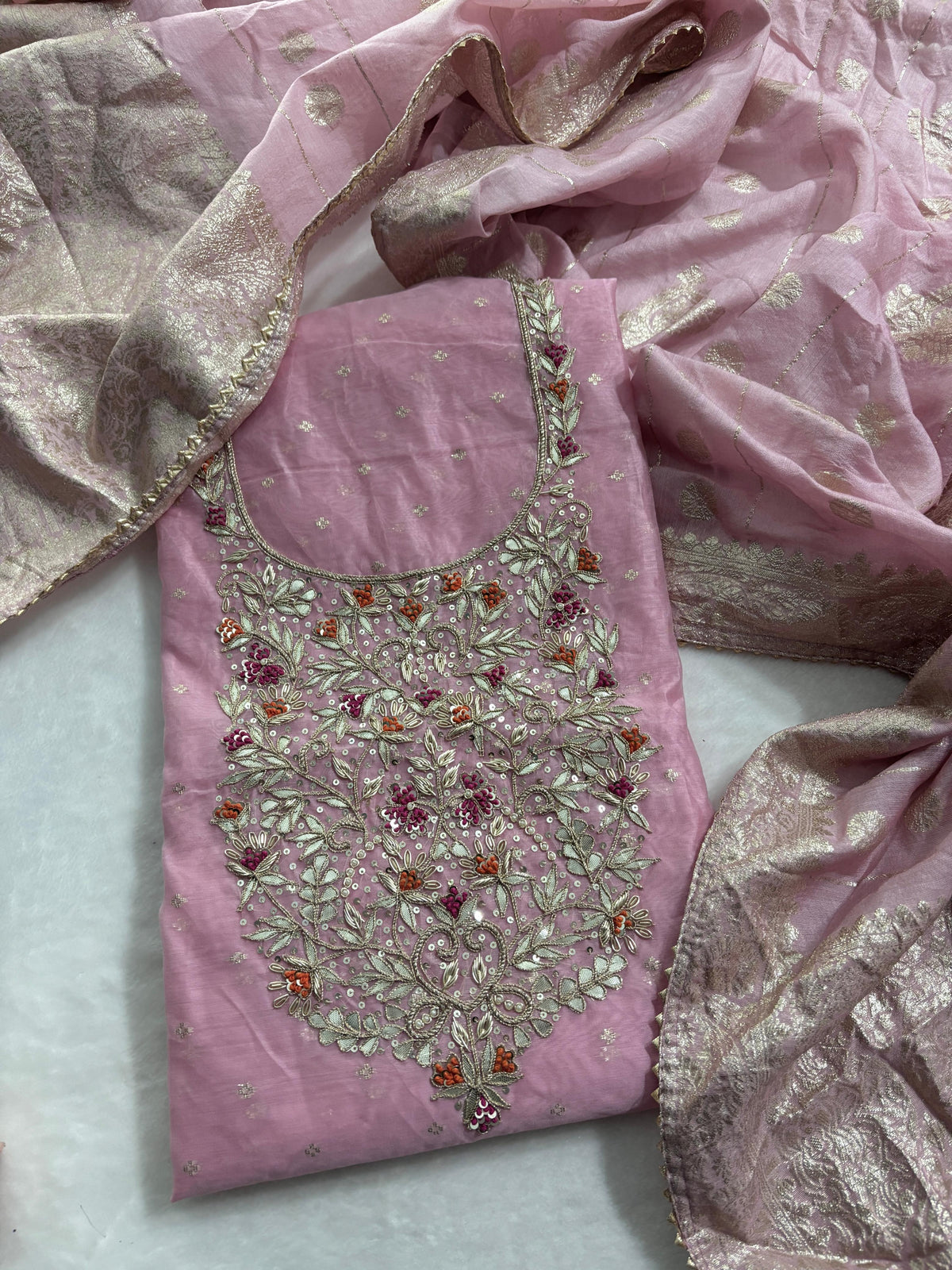 Pink Purple modal chanderi unstitched suit set