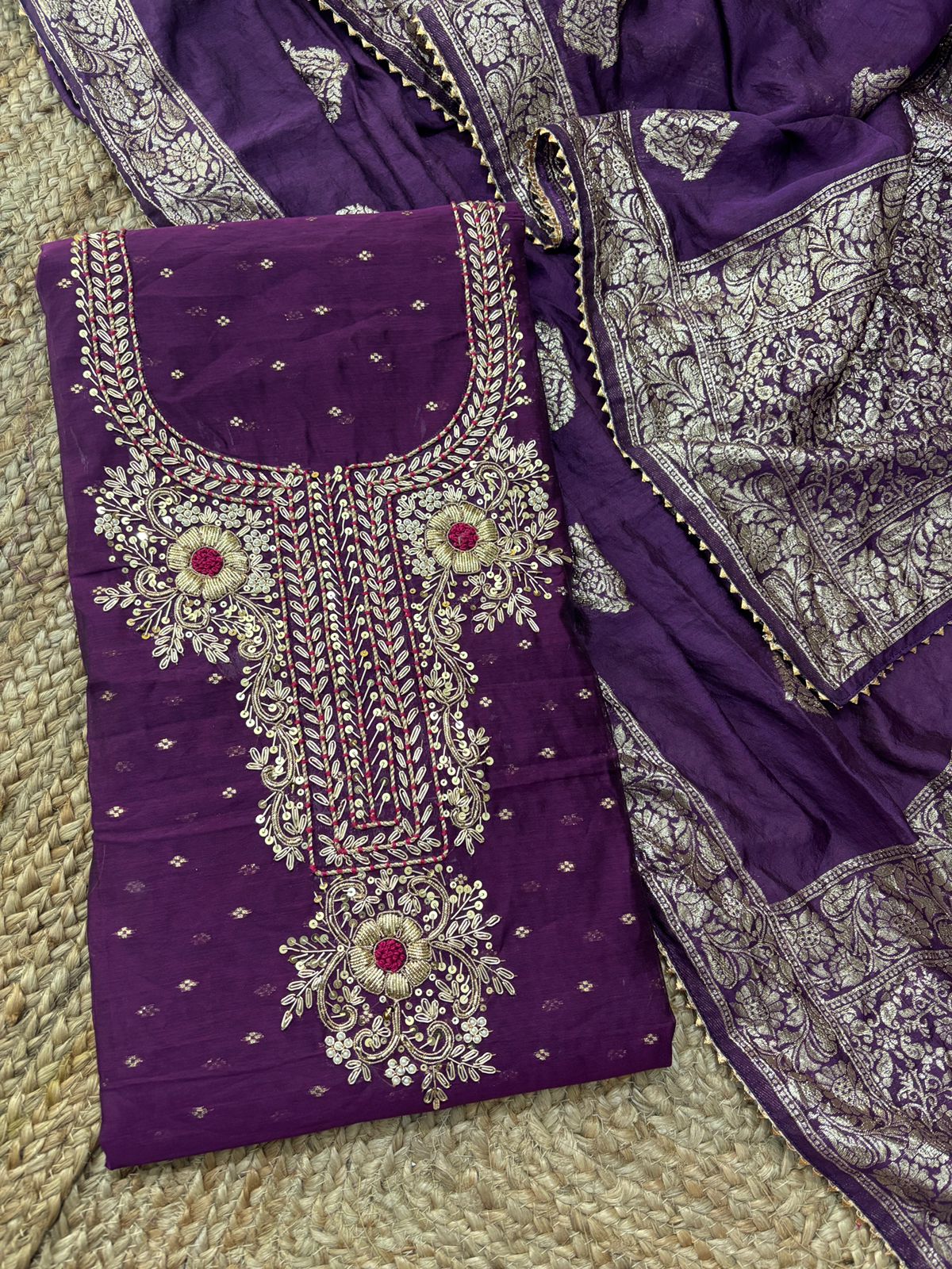 red Purple Modal Chanderi Unstitched Suit Set