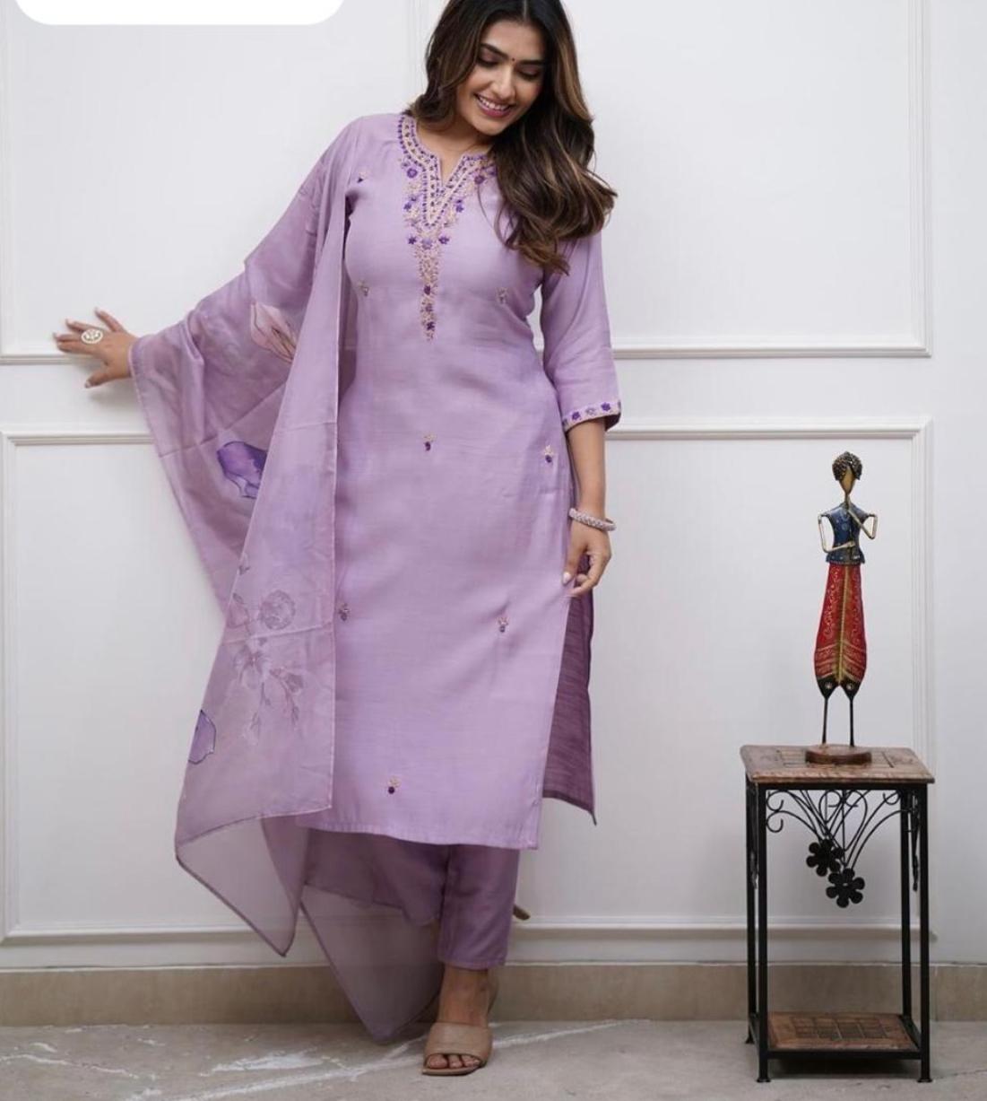 Purple Cotton Hand embroidered suit set