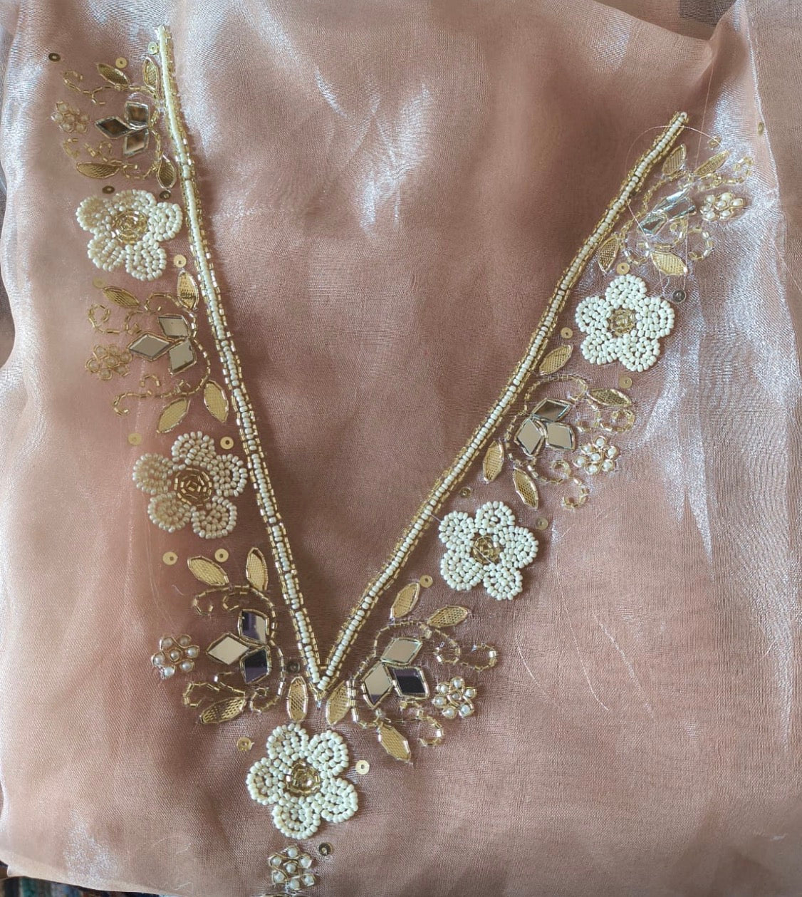 Organza beige pearl work unstitched suit set