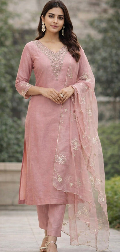 Pink Organza Gold Handwork