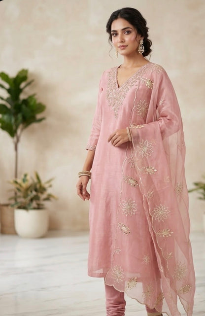 Pink Organza Gold Handwork