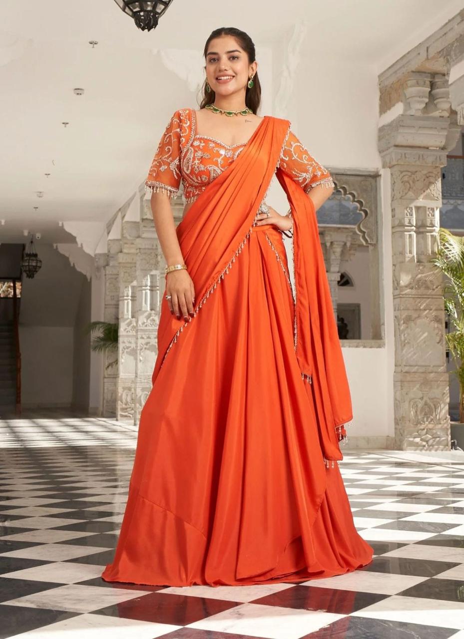 Orange designer pre-draped saree