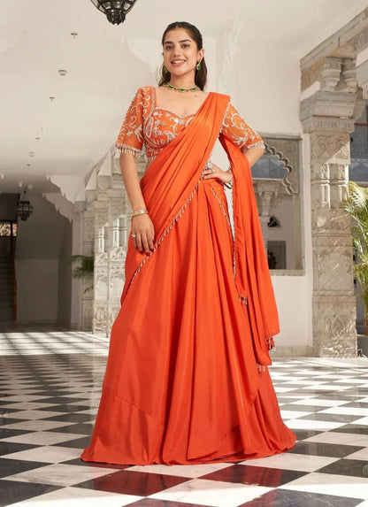 Orange designer pre-draped saree