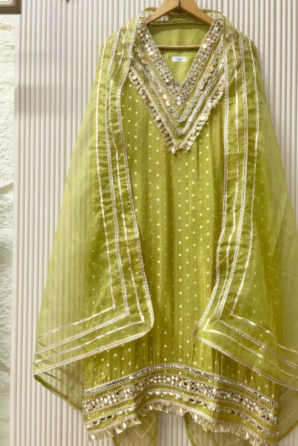 Olive Green Tissue Shimmer Embellished Unstitched 3-Piece Sui