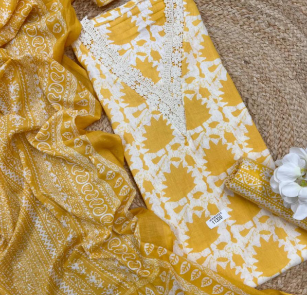 Yellow Cotton Printed Unstitched Suit set