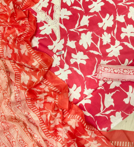 Red Cotton Unstitched Printed Embroidered -Set Of 3