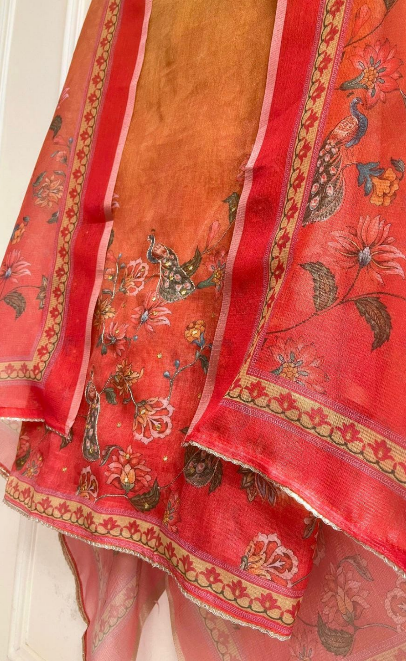 Mustard Red Linen Printed Unstitched 3-Piece Suit