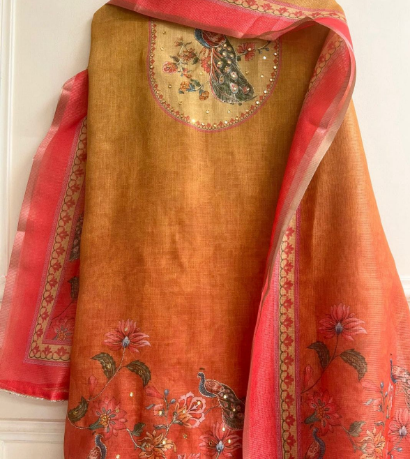 Mustard Red Linen Printed Unstitched 3-Piece Suit