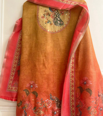 Mustard Red Linen Printed Unstitched 3-Piece Suit