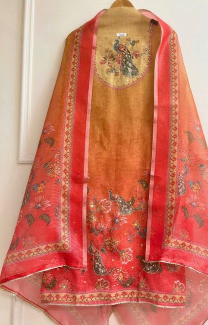 Mustard Red Linen Printed Unstitched 3-Piece Suit