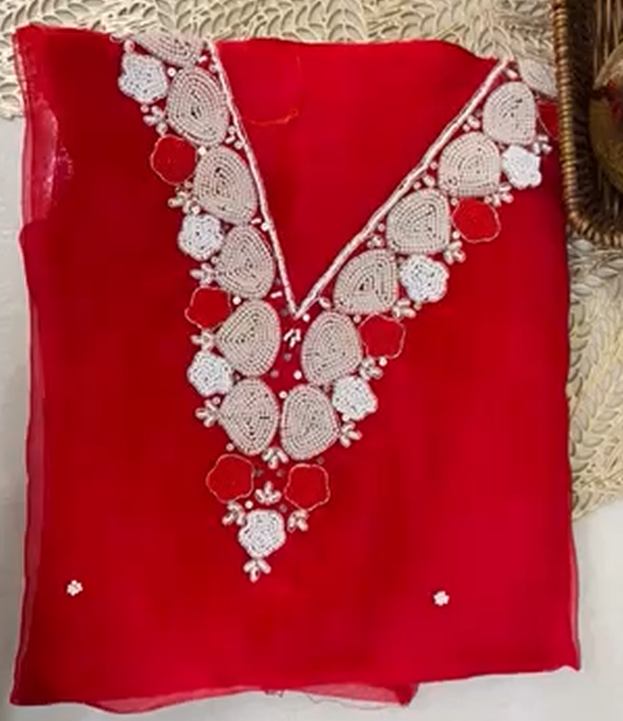 Navy Beige Red Blue Organza with pearl work