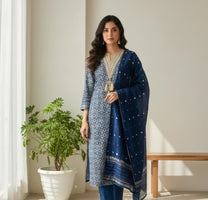 Deep navy Blue Modal Silk printed Unstitched Embroidered -Set Of 3